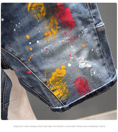 Men Fashion Denim Shorts Jeans New Summer Male Blue Ripped Jeans Shorts High Quality Man Paint Splash Technology Denim Shorts