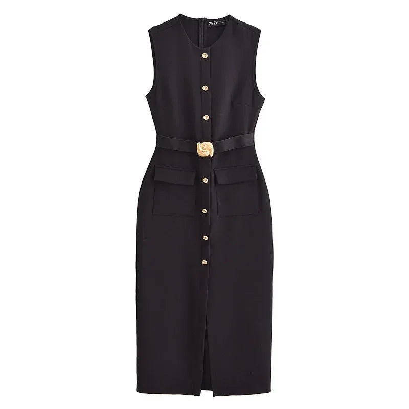 MUJER 2025 Womens Dresses Black Office Long Dresses for Women Spring Sleeveless Midi Dress Woman Belt Button Women's Dress Vest
