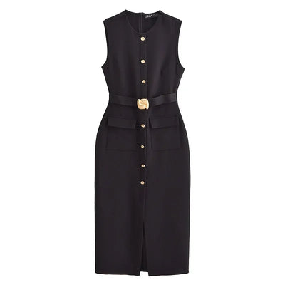 MUJER 2025 Womens Dresses Black Office Long Dresses for Women Spring Sleeveless Midi Dress Woman Belt Button Women's Dress Vest