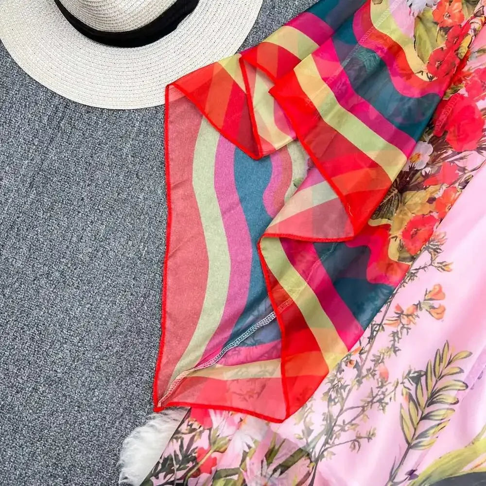 Women Maxi Chiffon Dress Summer Bohemian Rabbits Flower Porcelain Print Clothing Floor Length Flare Sleeve Long Vestidos