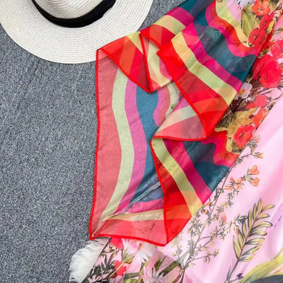 Women Maxi Chiffon Dress Summer Bohemian Rabbits Flower Porcelain Print Clothing Floor Length Flare Sleeve Long Vestidos