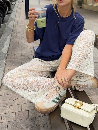 Women Fashion Lace Wide Leg Pants Casual Loose Sheer Lace High Waist Trousers for Work Office Streetwear