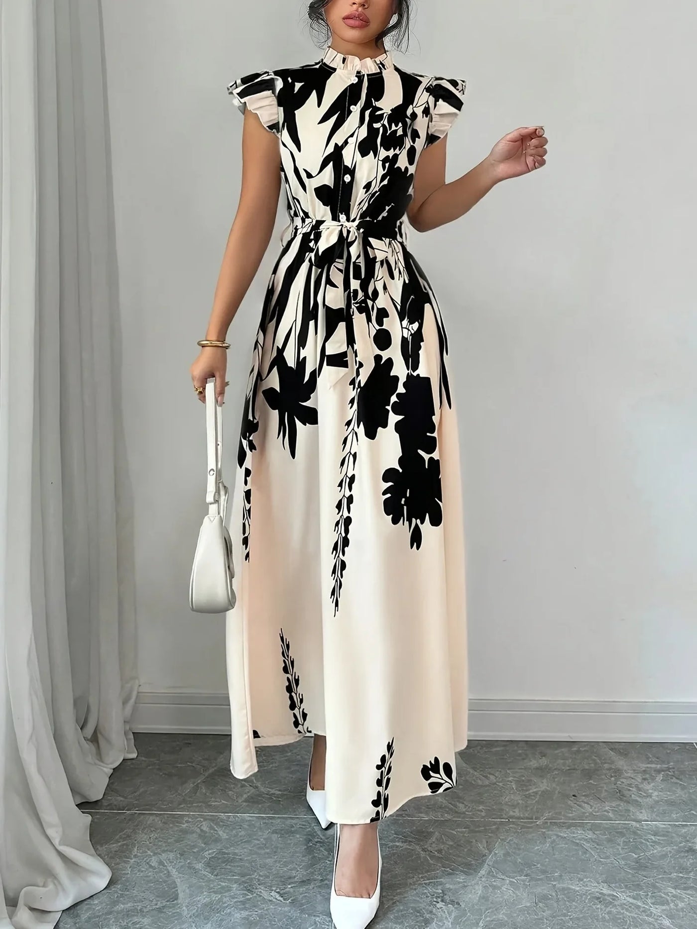 Summer Dress Women Flower Floral Print Fashion Elegant Ladies Dresses Slim High Waist Ruffle Pleated Woman Dress