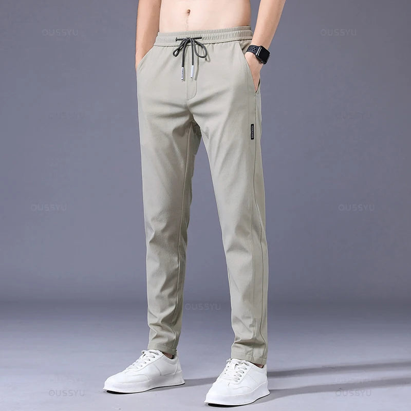 2025 Men's Trousers Spring Summer New Thin Green Solid Color Fashion Pocket Applique Full Length Casual Work Pants Pantalon