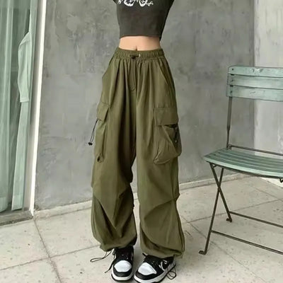 2025 Cargo Pants Women Retro Workwear Casual Baggy Straight Trousers Fashion Wide Leg Pockets Joggers Trousers Y2k Streetwear