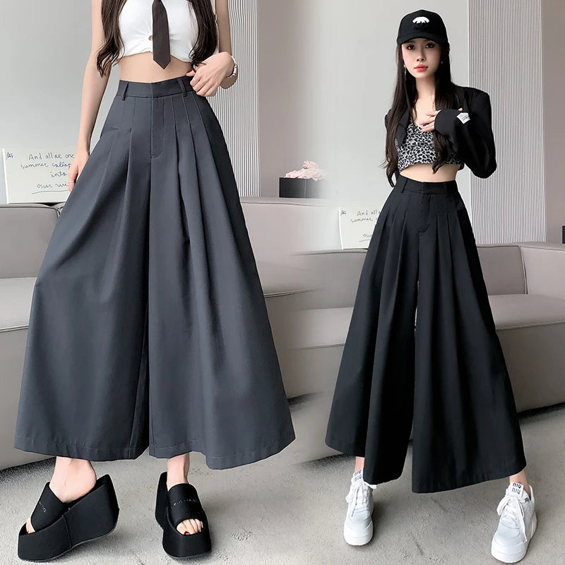 Oversize Wide Leg Pants For Women Gathered Waist Spliced Ruched Casual Solid Long Trousers Female Clothing Summer