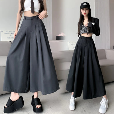 Oversize Wide Leg Pants For Women Gathered Waist Spliced Ruched Casual Solid Long Trousers Female Clothing Summer