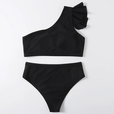One Shoulder Bikinis 2025 Women Ruffle Swimsuit Solid High Waist Swimwear Female Padded Bathers Bathing Swimming Suit Beachwear