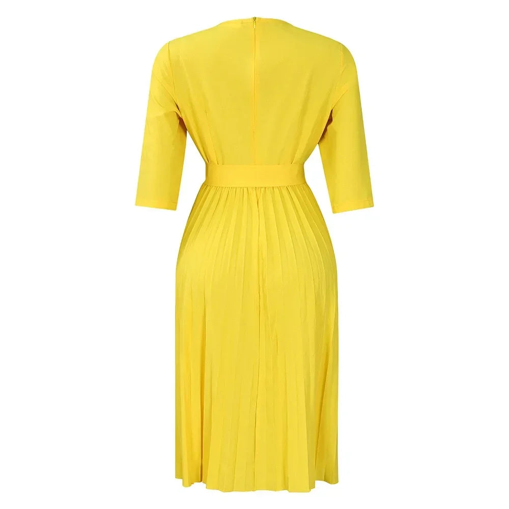 Elegant Office Dresses for Women Professional V Neck Full Sleeve Sashes Pleated Mid Calf Formal Business Work Wear Dress Midi OL