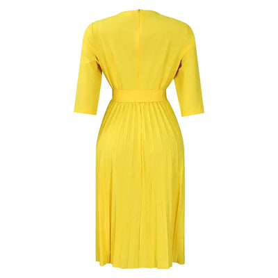 Elegant Office Dresses for Women Professional V Neck Full Sleeve Sashes Pleated Mid Calf Formal Business Work Wear Dress Midi OL