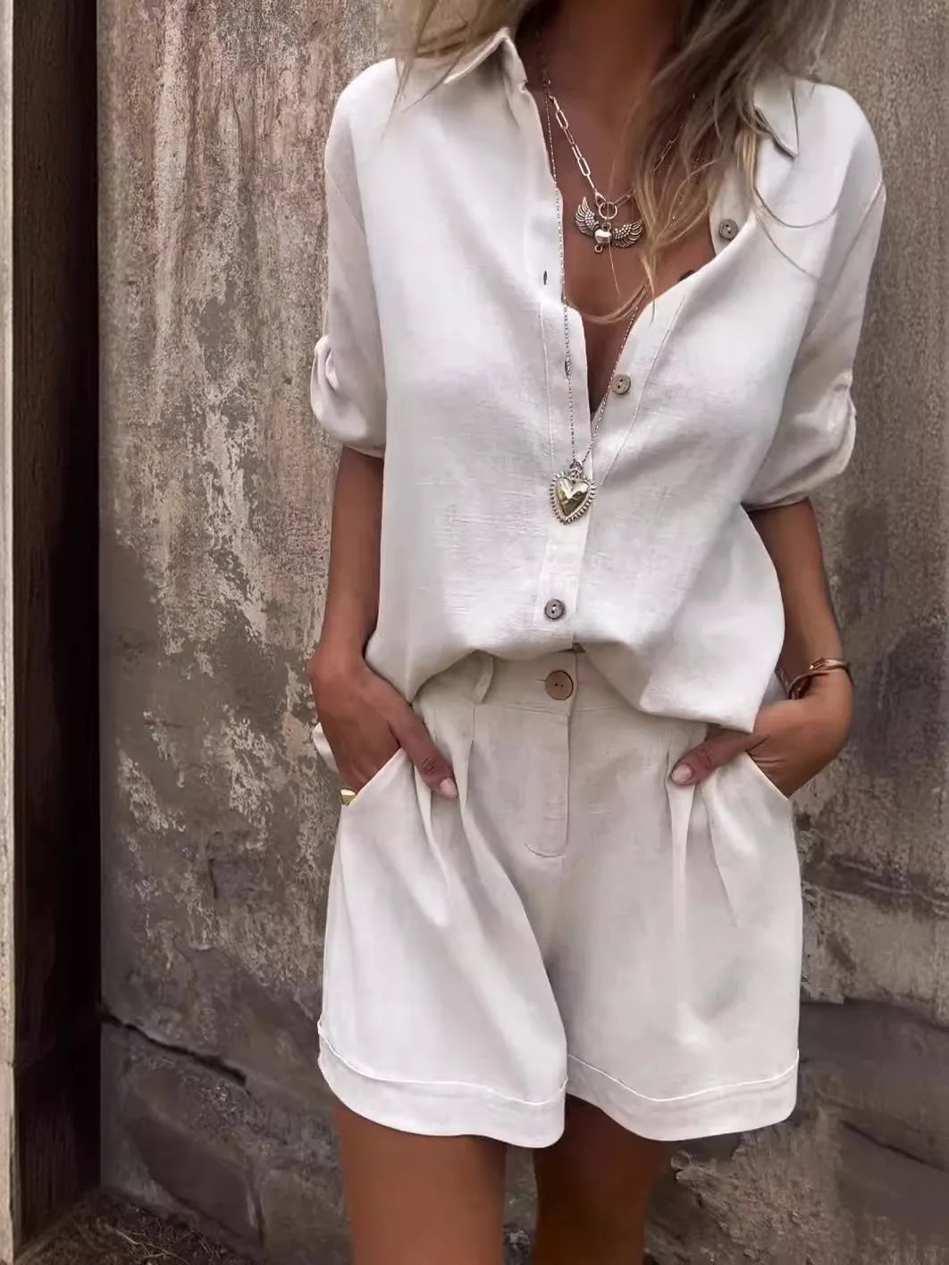 Women Casual Two Piece Outfits Short Sleeve Button Down Oversized Shirts and Drawstring Shorts Sets Summer Loungewear Streetwear