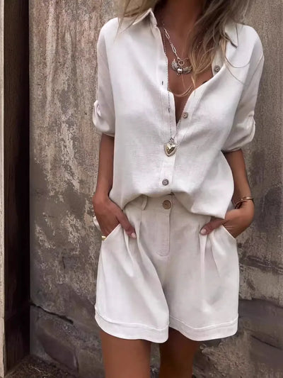 Women Casual Two Piece Outfits Short Sleeve Button Down Oversized Shirts and Drawstring Shorts Sets Summer Loungewear Streetwear