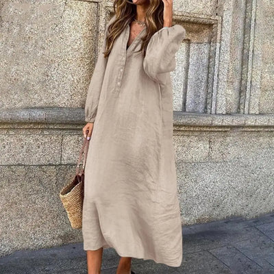 Stylish Button-breasted Dress for Women Elegant V-neck Cotton Linen Dress with Long Sleeves Button Decoration for Summer Ladies