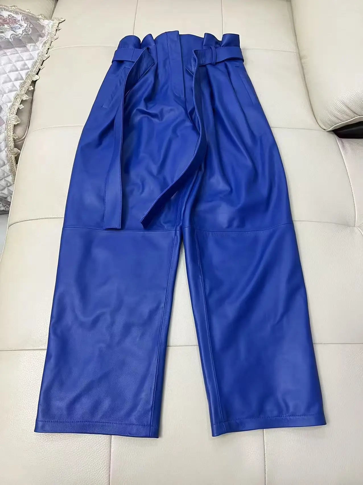 Stylish Genuine Leather Pants Women Sheepskin Bow Tie Lace High Waist Trousers Mujer Khaki/Green Straight Wide Leg Pantalon