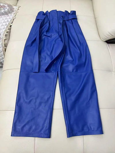 Stylish Genuine Leather Pants Women Sheepskin Bow Tie Lace High Waist Trousers Mujer Khaki/Green Straight Wide Leg Pantalon