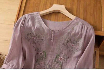 Cotton and Linen V-neck Embroidered Shirt for Women, Summer Thin Style Loose Medium Sleeves Small Shirt Top