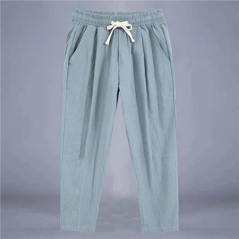Men's Trousers Cotton Linen Fashion Casual Pants Solid Color Breathable Loose Shorts Straight Drawstring Pants Streetwear Men