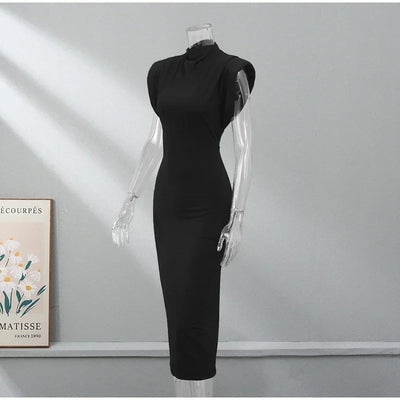 ZBZA Women's Slim Party Dresses Round Neck Sleeveless Shoulder-padded Bodycon High Waist Midi Dress Spring New Female Chic Dress