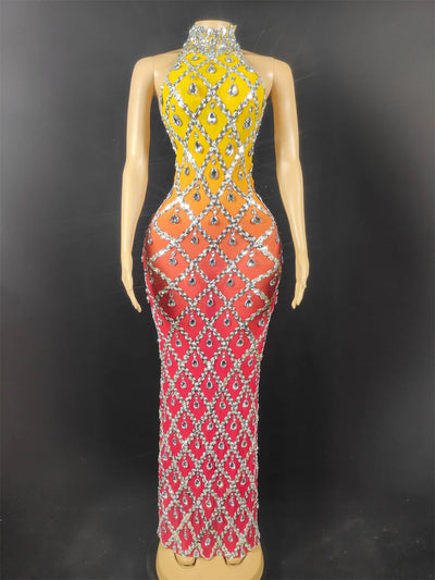 Women Sexy Stage Shining Rhinestone Sequins Dress Evening Prom Birthday Dress Transparent Performance Singer Club Host Dress