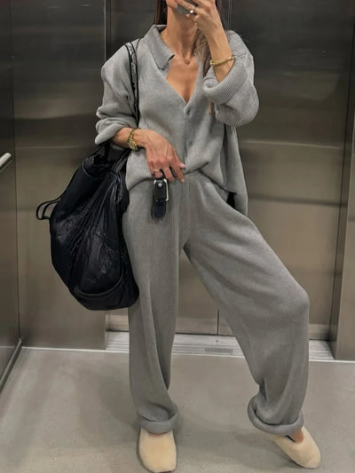2025 Autumn Street Outfits Knitted Cardigan Pants Sets Women Single Breasted Lapel Sweater High Waist Wide Leg Trousers Suit