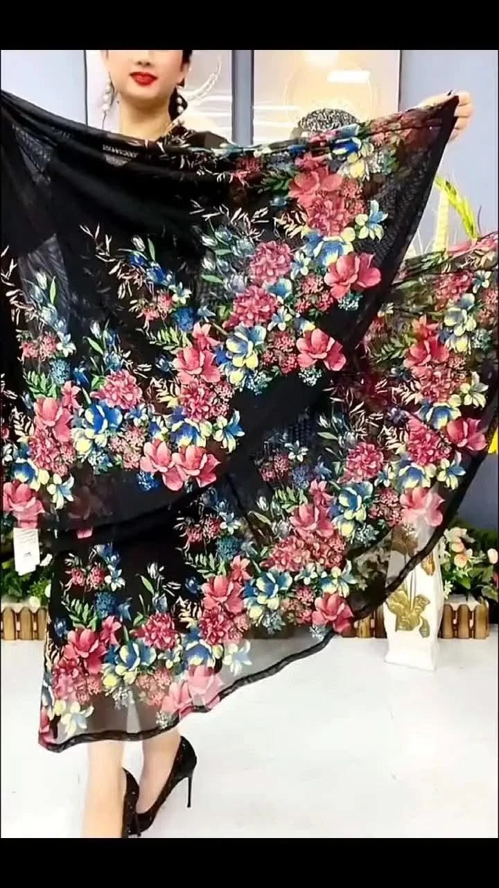 Women's Clothing Stylish Floral Printed Long Dress Summer Short Sleeve Casual Gauze Spliced Elegant V-Neck A-Line Waist Dresses