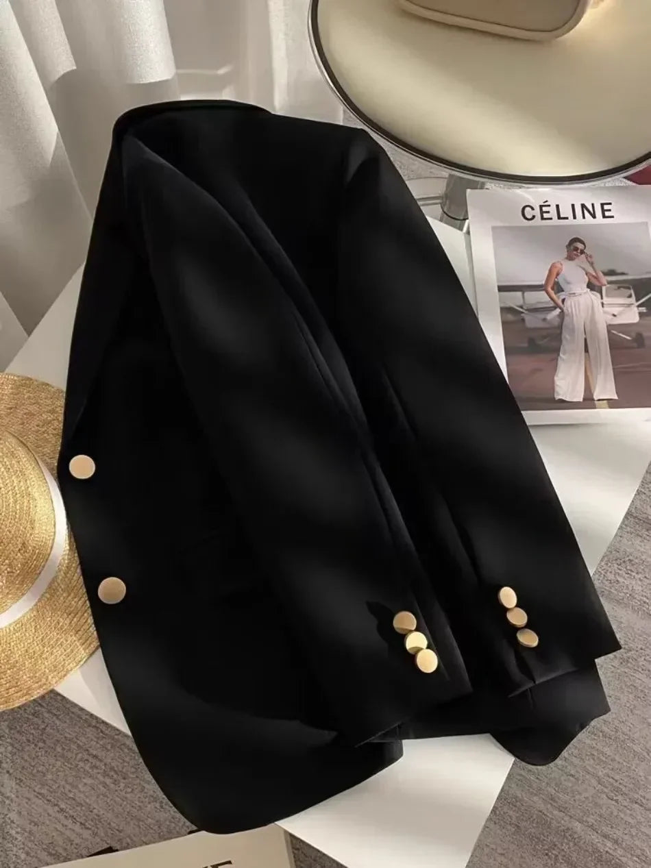 Women's Double Breasted Blazer Chic Office Lady Vintage Coat Fashion Notched Collar Long Sleeve Ladies Outerwear Stylish Tops
