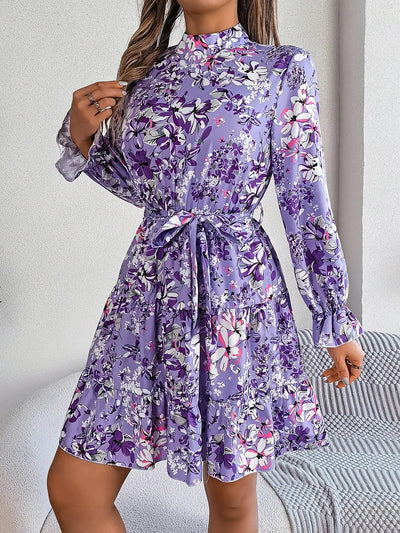 Spring Summer Flower Print Standing Neck Long sleeved Dresses for Women Ruffle Edge A-line Dress