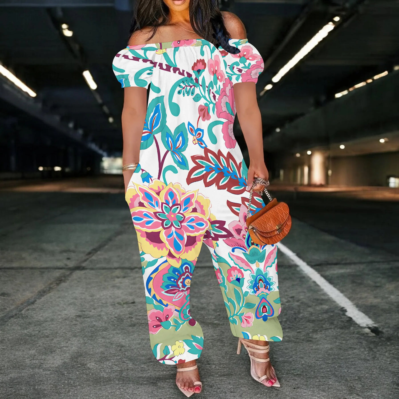 Women Sexy Off Shoulder Jumpsuit Short Sleeve  Floral Print  Romper Wide Leg Long Pants with Pockets Plus Size