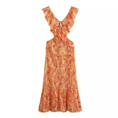 Slip Dress 2024 Summer Sleeveless Beach Style Ruffled Printing Vacation Fashion Women Casual Long Dress