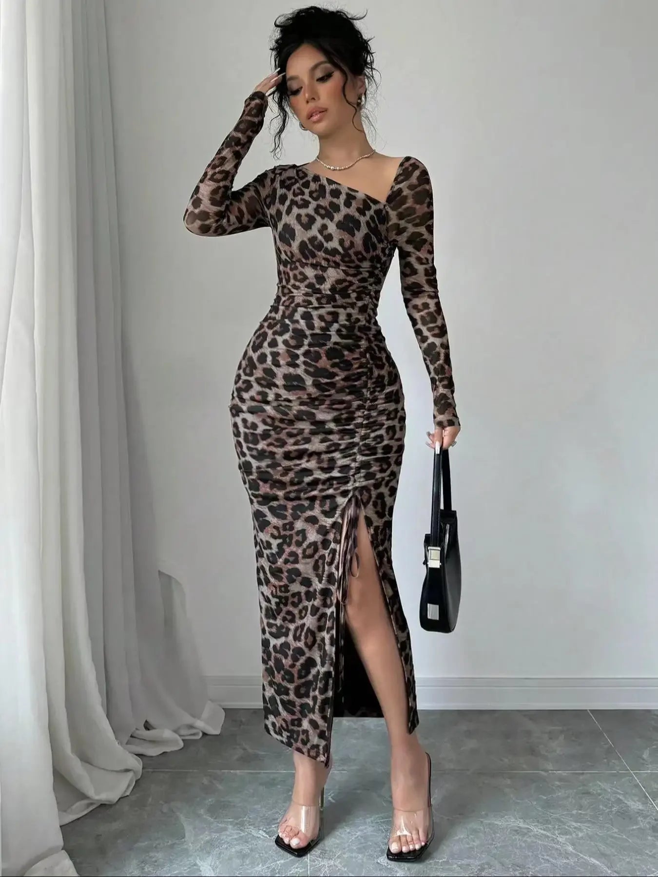 Sexy Leopard Print Women's Dresses Fashion Ruffled Sexy Slit Party Dress For Women Spring Summer  Bodycon Package hip Vestidos