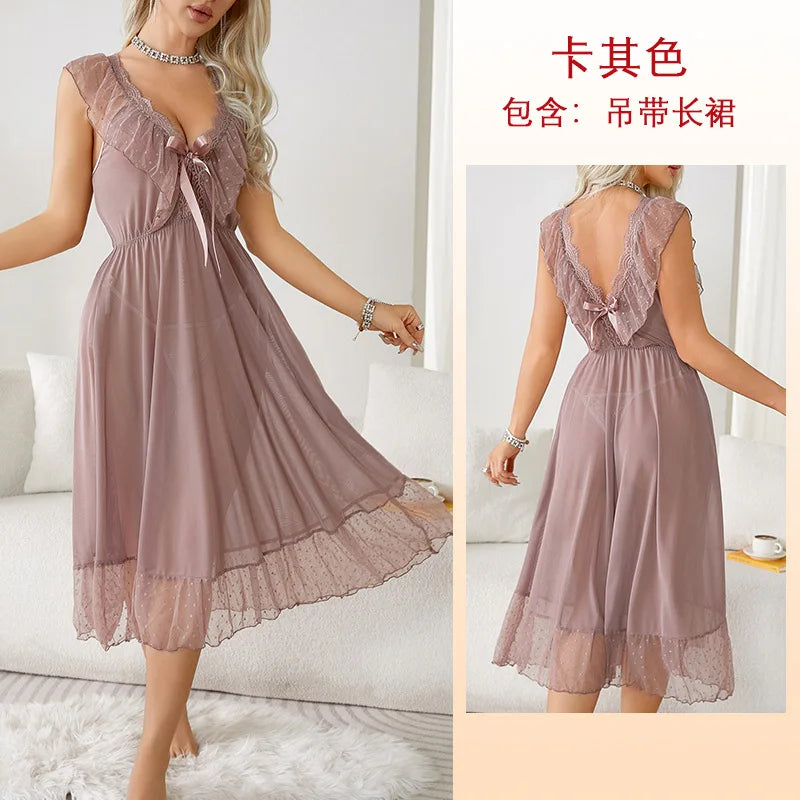 Women's Sexy Lingerie Nightgown Semi Sheer Babydoll Sleepwear Dress With Polka Dots Bow Knot Decor Summer Mesh V-Neck Loungewear