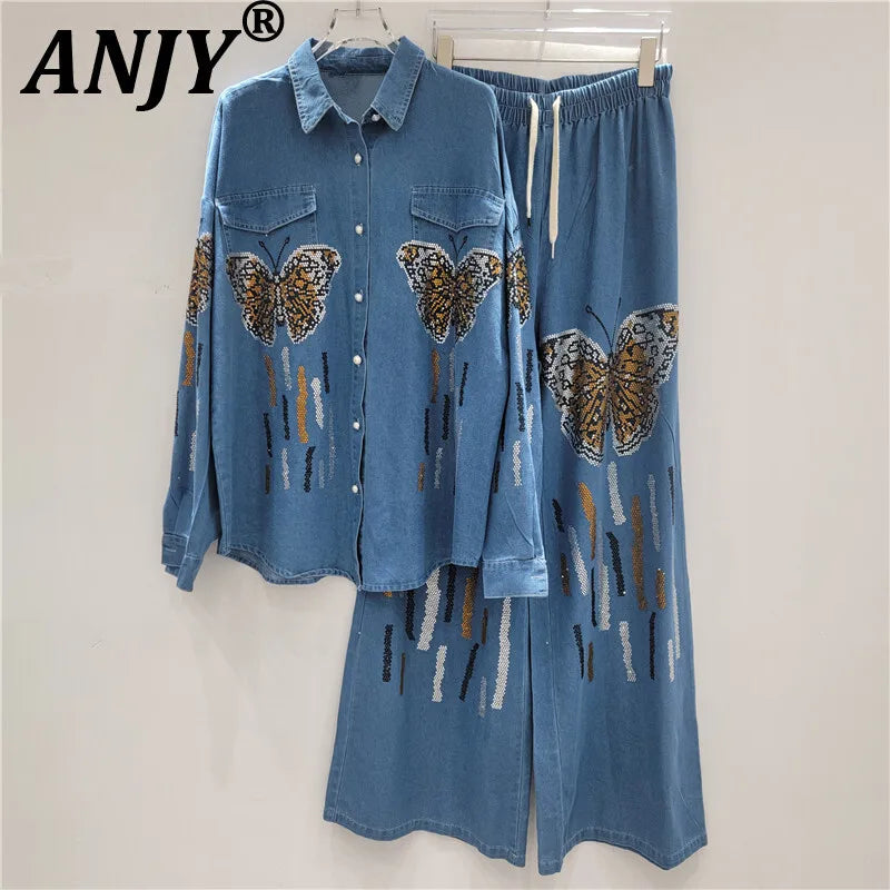 ANJY Autumn New Women Chic Two-Piece Set Studded Diamonds Streetwear Denim Shirt Drawstring Straight Elegant Casual Pants  A9654