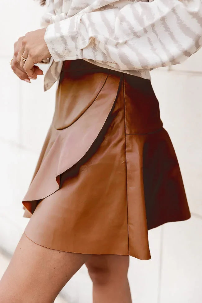 Women Ruffle High Elastic Waist PU Leather Skirts Summer Lady Irregular Clubwear Vestidos LDY-WW5529