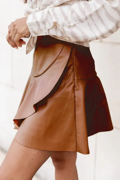 Women Ruffle High Elastic Waist PU Leather Skirts Summer Lady Irregular Clubwear Vestidos LDY-WW5529