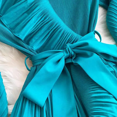 Women's V Neck Ruffles Splice Lantern Sleeve High Stretch Oversized Dresses Miyake Maxi Pleated 2025 Spring Long Party Clothing