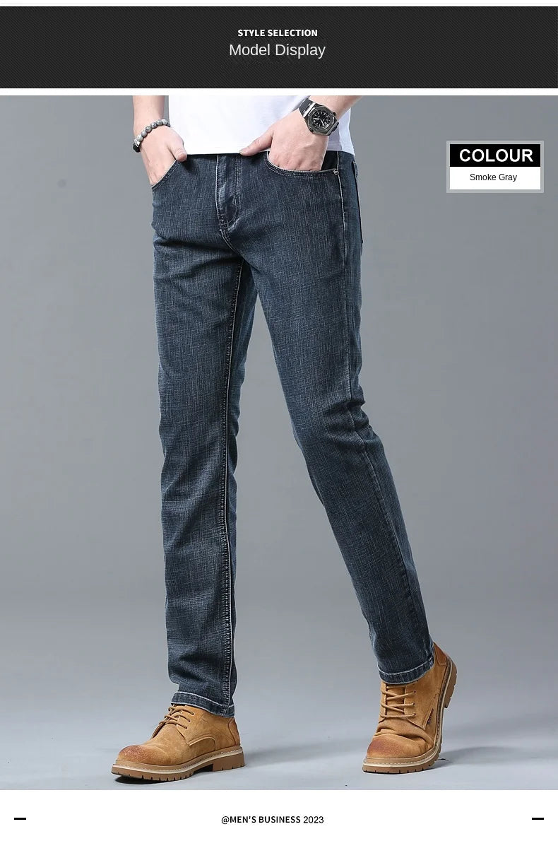 2024 Spring Summer New Men's Slim Thin Jeans Retro Light Blue Cotton Stretch Denim Pants Male Fashion Casual Brand Trousers