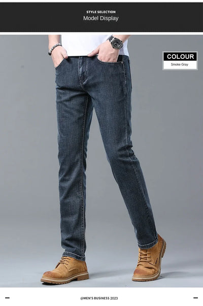 2024 Spring Summer New Men's Slim Thin Jeans Retro Light Blue Cotton Stretch Denim Pants Male Fashion Casual Brand Trousers