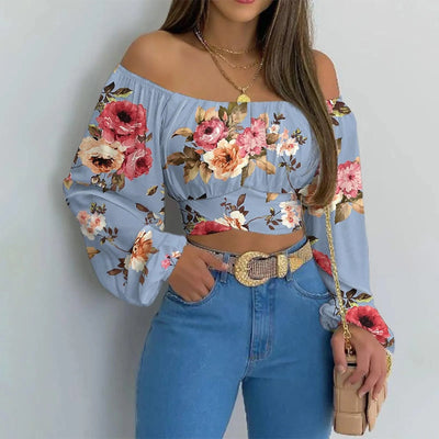 Women Sexy Off Shoulder Blouse Chic and Elegant Printing Lantern Long Sleeve