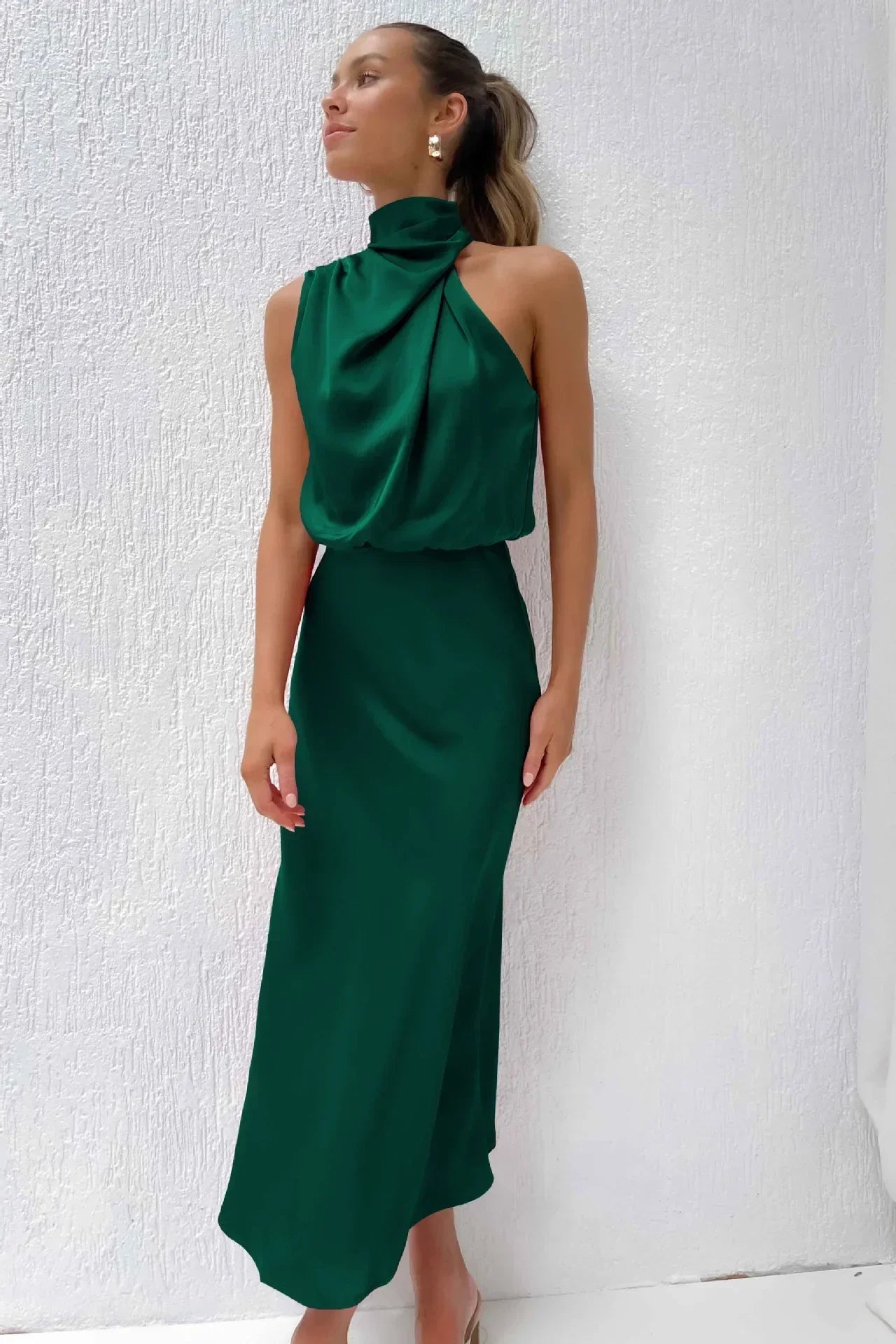 2025 Spring/Summer Long Dress for Women High Waist Halter Satin Sleeveless Dress Fashion Elegant Solid Evening Party Dresses