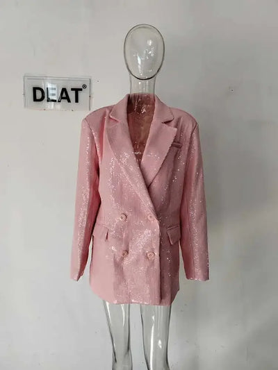 DEAT Fashion Women's Blazer Notched Collar Double Breasted Sequins Full Sleeves Pink Suit Jackets Autumn 2025 New Tide 7AB643