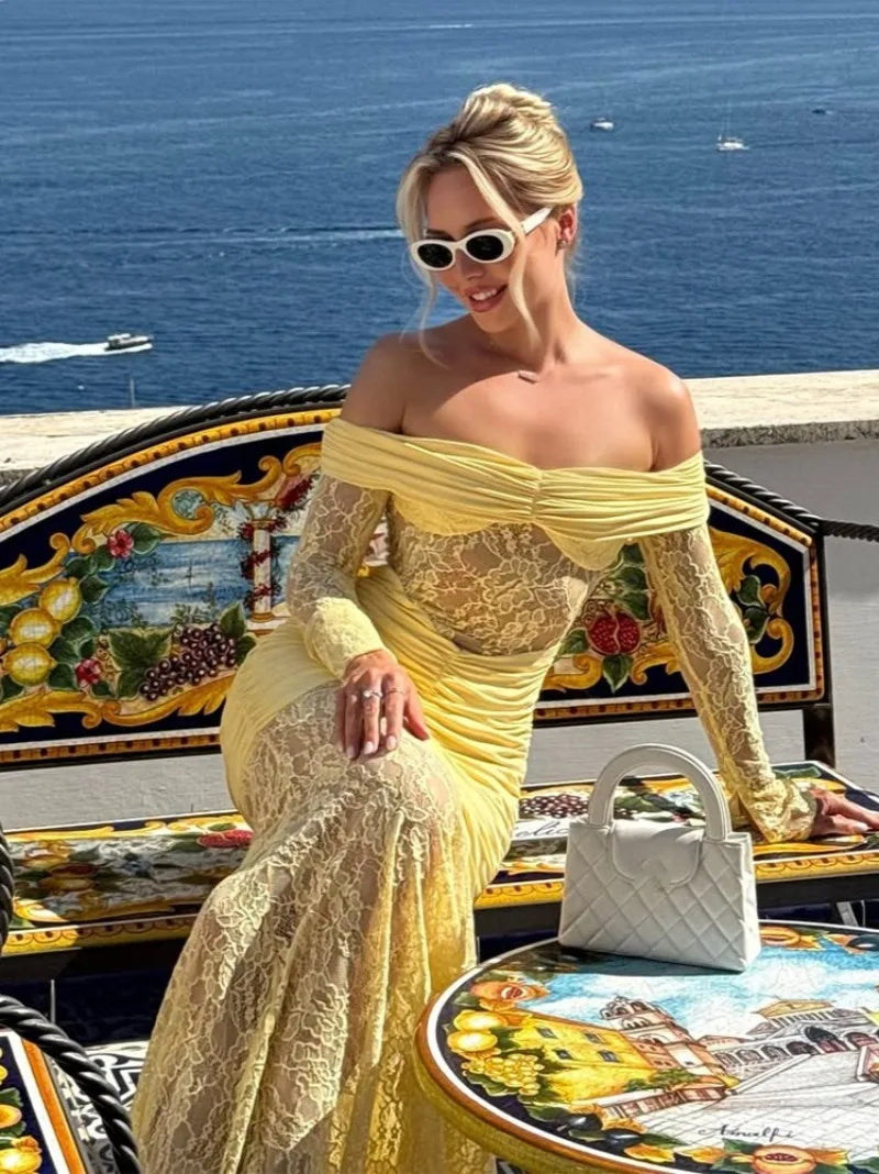Woman Clothing Lace Patchwork Evening Dress 2025 Autumn Sexy Slash Neck Long Sleeve Folds Party Gown Lady Long Maxi Prom Dresses