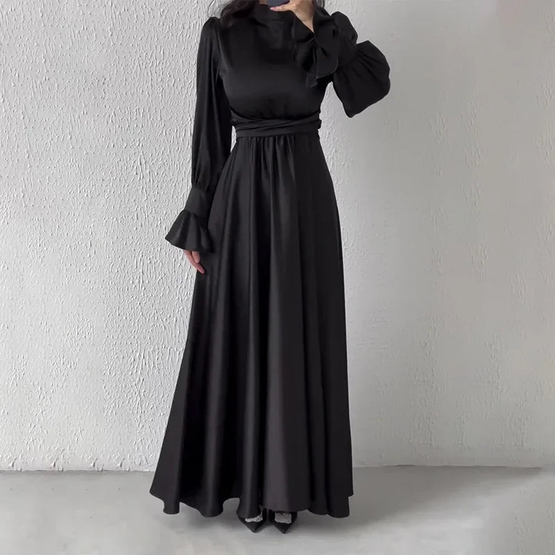 Lotus Sleeve Dress for Women Casual Slim-fit Dress with Belted Waist Abaya Dubai Luxury Turkey Islam Muslim Dress Women Kaftan