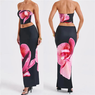 Women Summer 2 Piece Outfits Floral Print Tube Tops and Elastic Bodycon Long Skirt Set for Streetwear Aesthetic Clothes
