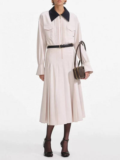 VGH Designer Slimming Hit Color Spliced Belt Long Dresses For Women Lapel Long Sleeve High Waist Temperament Dress Female New