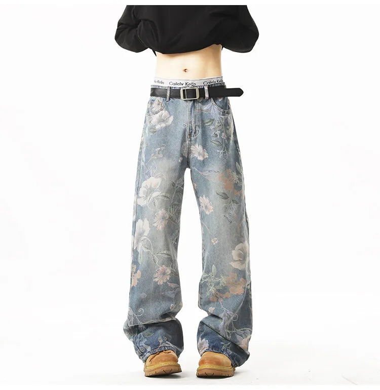 Printed denim jeans men American hip-hop High quality men women trendy retro floral print straight leg loose wide casual pants