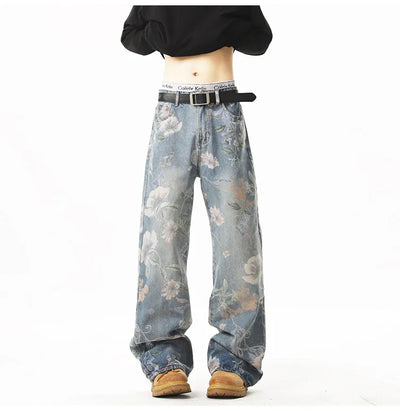 Printed denim jeans men American hip-hop High quality men women trendy retro floral print straight leg loose wide casual pants