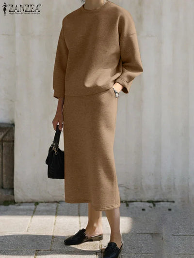 Stylish Women Tracksuits Spring 2pcs Outfits Solid Work Matching Sets 2025 ZANZEA Casual Long Sleeve Blouse Dress Suits Oversize