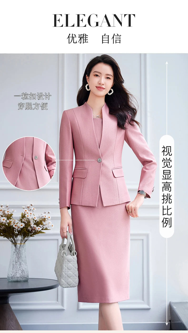 NAVIU 2025 Women Office Dress Set Monochromatic Slim Fit Suit Stand Collar Single Button Fashion New 2 Pcs Brazer and Dresses