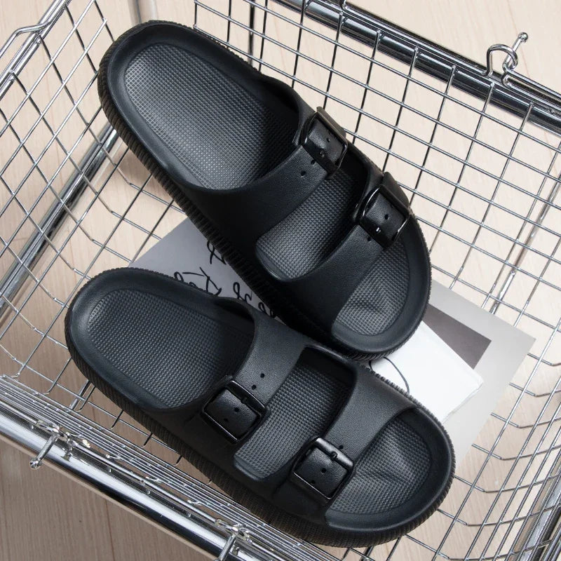 Women's Slippers Fashion Thick Sole Double Buckle Sandals Men Pool Beach Garden Quick Dry Open Toe Indoor Outdoor Shoes