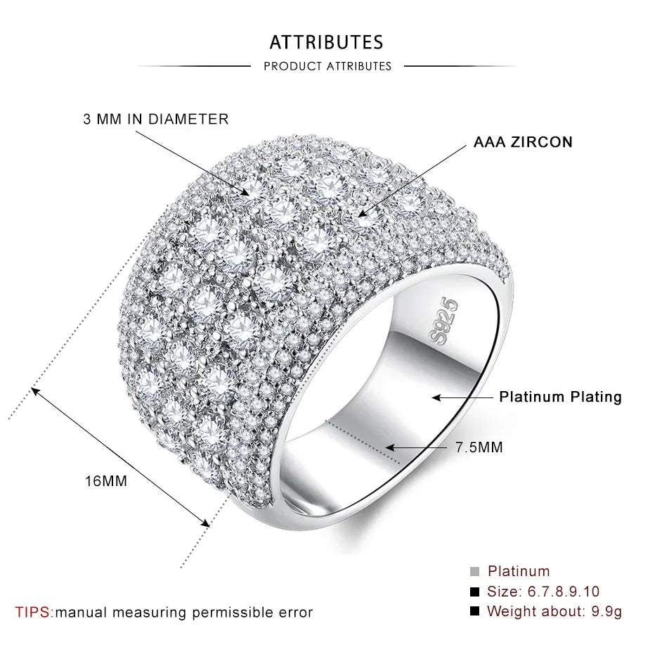 Luxury Female Rings 925 Stamp Plata AAA Inlaid Cubic Zircon Crystal  Wide Rings for Women Jewelry Gift Fashion Statement Bijoux